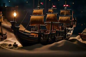 a model of a pirate ship in the sand. AI-Generated photo