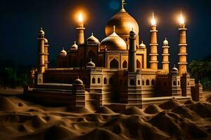 a sand castle with three lit candles on top. AI-Generated photo