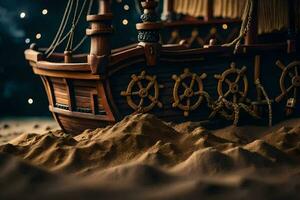 a model of a pirate ship in the sand. AI-Generated photo