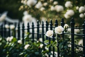 white roses are growing on a fence. AI-Generated photo