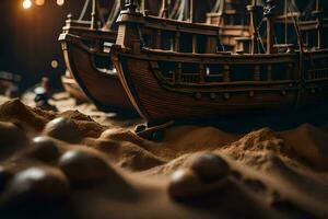 a model of a ship in the sand. AI-Generated photo