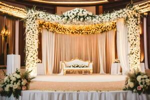 an elegant wedding stage with white flowers and gold decorations. AI-Generated photo