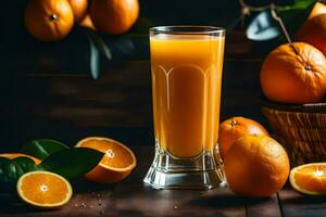 an orange juice is sitting on a wooden table with oranges. AI-Generated photo