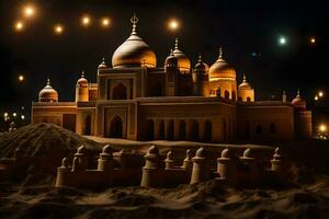 a sand castle is lit up at night. AI-Generated photo