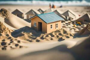 a miniature house on the beach with sand. AI-Generated photo