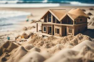 a model house sits on the sand near the ocean. AI-Generated photo