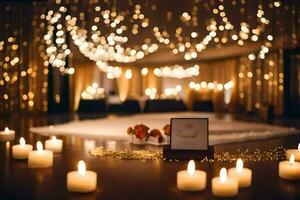velas y un mesa con un tarjeta son conjunto arriba para un boda. generado por ai foto