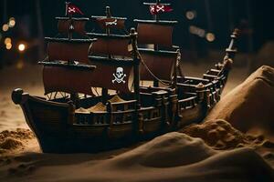 a pirate ship is sitting in the sand. AI-Generated photo