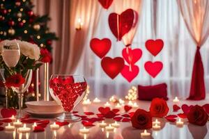 valentine's day table setting with red hearts and candles. AI-Generated photo