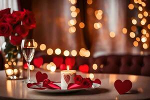 a table with a candle and a plate of red hearts. AI-Generated photo