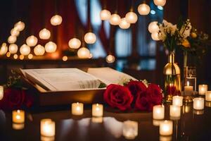 wedding candle and roses. AI-Generated photo