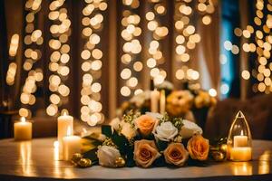 a table with candles and flowers in front of a backdrop of lights. AI-Generated photo