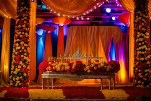 a colorful wedding stage with red and yellow flowers. AI-Generated photo