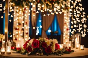 a table with candles and flowers in front of a string of lights. AI-Generated photo