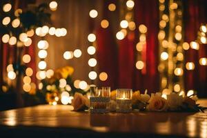 candles and flowers on a table with lights. AI-Generated photo