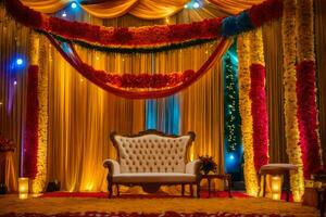 a wedding stage decorated with colorful flowers and a chair. AI-Generated photo