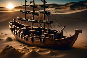 a model of a pirate ship in the desert. AI-Generated photo