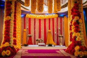 a wedding ceremony decorated with red and yellow flowers. AI-Generated photo