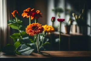 flowers on a table in front of a window. AI-Generated photo