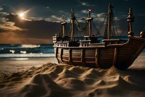 a model of a pirate ship on the beach. AI-Generated photo