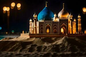 a model of a mosque in the sand. AI-Generated photo