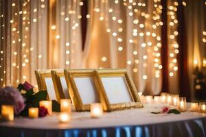 a table with candles and frames for wedding photos. AI-Generated photo