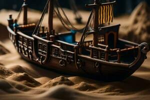 a model of a pirate ship in the sand. AI-Generated photo