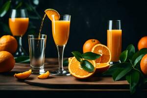 naranja jugo siendo vertido dentro un vaso. generado por ai foto