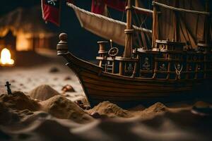 a model ship in the sand with a fire. AI-Generated photo