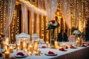 un Boda recepción mesa con velas y rojo rosas. generado por ai foto