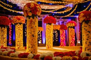 un Boda etapa decorado con flores y luces. generado por ai foto