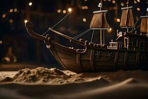 a model of a pirate ship in the sand. AI-Generated photo