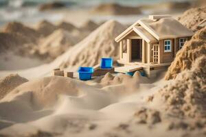 a small wooden house on the beach with blue buckets. AI-Generated photo
