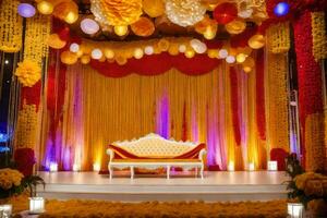 a stage decorated with yellow and red flowers. AI-Generated photo