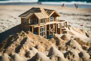 a miniature house on the beach with sand. AI-Generated photo