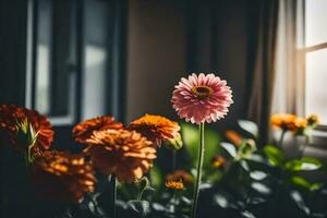 flowers in front of a window. AI-Generated photo