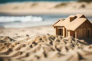 a small wooden house sits in the sand on the beach. AI-Generated photo