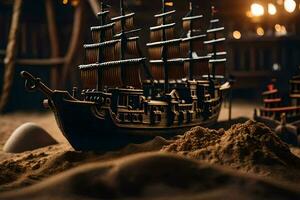 a model of a pirate ship in the sand. AI-Generated photo