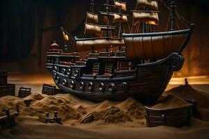 a pirate ship is sitting in the sand. AI-Generated photo