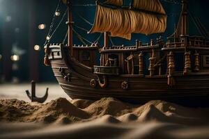 a model of a pirate ship in the sand. AI-Generated photo