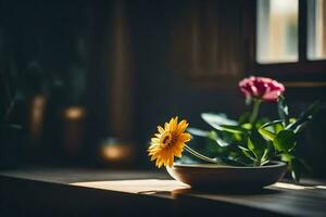 un cuenco de flores en un ventana umbral. generado por ai foto