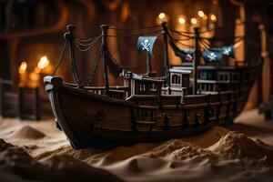 a pirate ship is sitting in the sand. AI-Generated photo