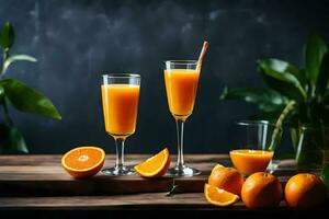 naranja jugo en lentes y rebanadas de naranjas en un de madera mesa. generado por ai foto