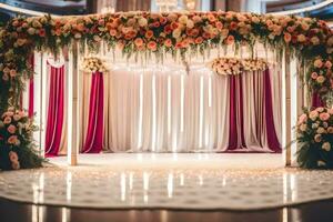 un Boda ceremonia con un floral arco. generado por ai foto