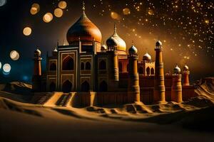 a taj mahal in the desert with lights. AI-Generated photo