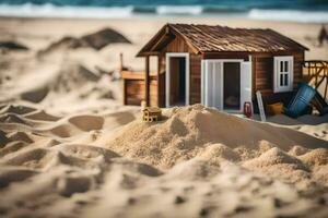 a miniature house on the beach with sand. AI-Generated photo