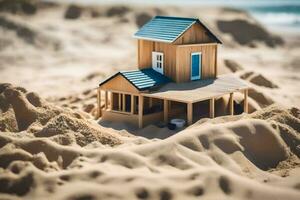 a miniature house sits on top of sand. AI-Generated photo