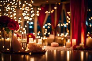 velas y flores son iluminado en un habitación con rojo cortinas generado por ai foto