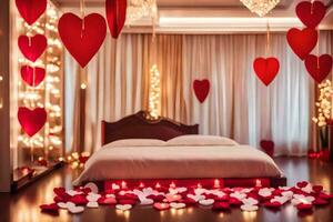 a bedroom decorated with hearts and lights. AI-Generated photo