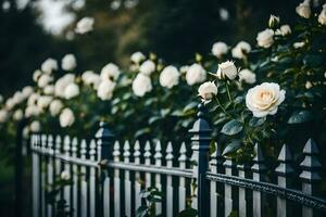 white roses are growing on a fence. AI-Generated photo